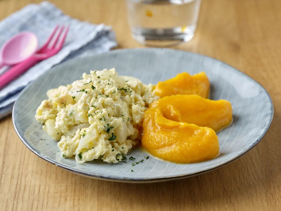 Revuelto de bacalao con puré de calabaza